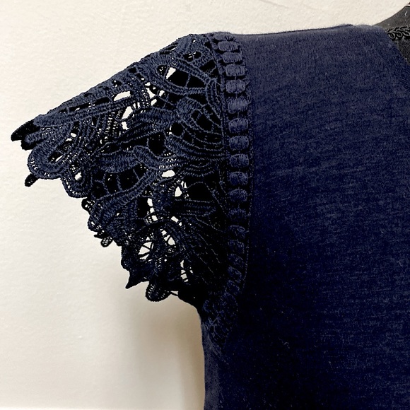 LOFT Navy Blue Short Sleeve Shirt With Lace Cutout Sleeves - Picture 5 of 10
